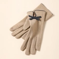 Women's winter warm touchscreen gloves in light brown with blue bow and floral embroidery - Medium Butterfly De-Velvet / Khaki