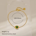 Detail view of gold stainless steel chain bracelet with green stone and size specs - Oval Pendant / Green Stone Gold