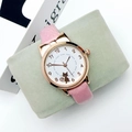 Detail of pink leather watch strap with gold case and cute cat pattern on the dial - Watch Only / Pink