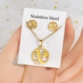 Detail view of gold stainless steel necklace and earring set with geometric pendants - Round Hollow Graphic (TT-076)
