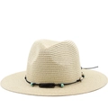 Panama style woven straw hat with turquoise beaded band and bohemian accents for summer - M (56-58cm) / Beige