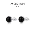 Pendientes minimalistas de plata esterlina S925 con piedras de ónix negro redondas - Estilo Negro 5mm (RHE1165-5)