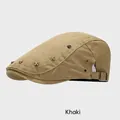 Béret kaki en toile avec rivets vintage et boucle de réglage métallique vue de côté - M (54-58cm) / Kaki
