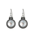 Vintage silver drop earrings featuring a circular turquoise blue gemstone with rope texture - Antique Silver Blue Pattern Round (K-1250)