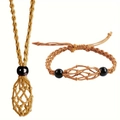 Adjustable hand-woven mesh stone holder necklace and bracelet set in light brown cord - Coffee Net Pocket 2pc Set
