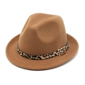 Detail of wool fedora hat with leopard print band and golden buckle on brown wool felt - M (56-58cm) / Khaki
