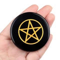 Black obsidian stone disc with golden pentagram carving for energy healing decoration - Obsidian Pentagram Style
