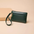 Mini porte-monnaie en cuir vert foncé à double fermeture éclair et dragonne avec détails dorés - 12.5cm*8cm / Vert