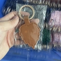 Leaf-shaped brown leather magnetic hat clip with golden metallic ring keychain - Leaf Brown