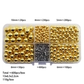 Detail view of 4-10mm gold beads and silver spacers in a clear DIY jewelry making kit box - 600 Pcs/Box / Gold (With Rivets)
