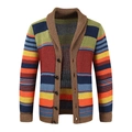 Close-up of color block knit cardigan featuring textured stripes and shawl collar detail - M / Tops / Rainbow