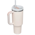 Pink 40oz stainless steel tumbler with handle, grey lid and clear straw - Second Generation 40oz Rose Quartz / 40oz