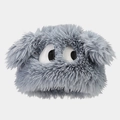 Close-up of gray plush cat hat featuring large creative cartoon eyes and fuzzy texture - Gray