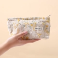 Beige linen canvas pouch featuring delicate floral and dandelion embroidery with metal zipper - Beige Cotton Linen Small