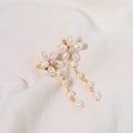 Pink and white freshwater pearl flower earrings with elegant gold chain tassels - Flower Style