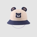 Close-up of the cute bear ears and embroidery on this toddler cotton sun bucket hat - 50cm 1-3 Years / Blue
