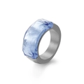 Modern brushed titanium steel ring with a large faceted light blue gemstone inlay - US 7