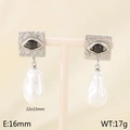 Pendientes cuadrados de acero con ojo de diablo negro y dije de perla barroca blanca - Color Acero