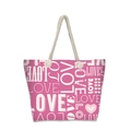 Pink canvas beach tote bag with white love prints and cotton rope handles - Pink All-over LOVE Print Style (jiayingstb18)