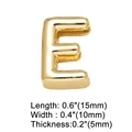 Macro shot of 18K gold plated letter E charm with detailed product measurements - Letter E