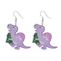 Detailed macro shot of purple acrylic dinosaur earrings with festive Christmas tree design - Purple Dinosaur with Christmas Tree