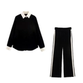 Ensemble deux pièces en velours noir pour femme avec bordures blanches contrastées - Haut Et Bas