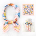 Elegant pink floral silk-feel neck scarf with multicolored patterns and geometric border - 70*70cm / Pink