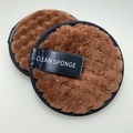 Reusable brown round plush face cleansing sponges with black trim and brand label - Black Edged Pineapple Grid Coffee