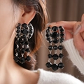 Elegant long black crystal tassel drop earrings with silver base on a model - Vintage Luxury Black Crystal Bead Tassel Style (62# Silver Earring Post - Silver-Black)