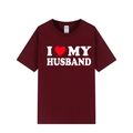 Dark red cotton T-shirt featuring a white I Love My Husband heart print and crew neck - Burgundy (I Love My Husband)
