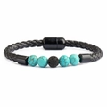 Handmade woven leather bracelet with lava stone and turquoise beads with magnetic clasp - Synthetic Turquoise & 1 Lava Stone