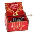 Red wooden music box with golden reindeer print and festive Christmas carvings - Christmas 39/Red/Merry Christmas Reindeer Engraving