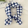Blue and white checkerboard cotton linen square scarf tied in a stylish knot - Blue Rhombus