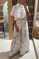 White two-piece set featuring short sleeve hollow out embroidery shirt and wide leg trousers - S / Top And Bottom / White