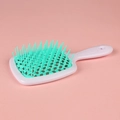 Square mesh hair brush with white handle and light green bristles for detangling styling - White Handle + Cyan