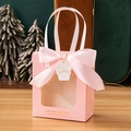 Pink gift bag with transparent window, satin bow, and Happy Birthday cake tag - Pink + Birthday Tag