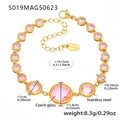 Gold stainless steel chain bracelet with pink round Czech glass charms for women - Round Style / 16+5cm / Gold Pink