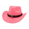 Detail of a bright pink wide-brimmed cowboy hat featuring an ethnic band and bull skull - Rose Red