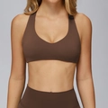 Dark coffee brown yoga sports bra set with high-waist leggings in seamless brushed fabric - Chocolate Brown