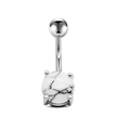 Silver stainless steel navel ring featuring a white marble stone inlay with black veins - Silver/White Marble