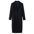 Detail of a black long wool coat featuring a shawl collar and slim waist design - S / Black