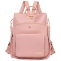 Pink soft texture women's fashion backpack with metal zippers and multi-pocket design - Pink