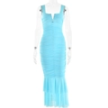 Sky blue spaghetti strap dress with ruched bodycon fit and ruffle mermaid hemline - S / Light Blue