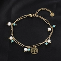 Golden stainless steel chain bracelet with pearls, blue beads and tree of life charm - Tree of Life Pearl Blue Beads Chain B02015G-11