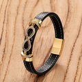 Macro shot of men's leather bracelet with gold infinity symbol and colorful stones - Gold-E