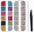 Acrylic nail art rhinestones set with applicator pen and tweezers in plastic cases - 1 Box 12-Color Rhinestones + 1 Box Mixed Silver/AB + 1 White Wax Pen + 1 Tweezers