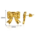 Detail showing 13mm by 12mm dimensions of golden bow-shaped stainless steel stud earrings - Gold Bow-knot Stud Earrings (E4856G)