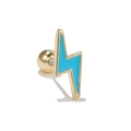 Golden lightning bolt stud earring with light blue enamel and secure screw ball back - Blue Lightning