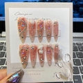 Close-up of handmade almond press-on nails with 3D white roses and crystal rhinestones - Small (S) / Almond Full Diamond Camellia