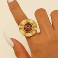 Vintage oversized gold ring with leopard print center and hammered texture worn on hand - Large Hammered Round Plate Style (S-319) / Gold/Leopard